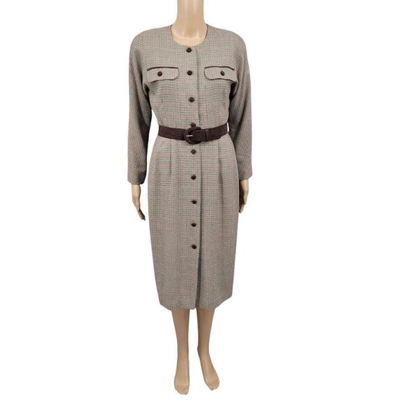 Talbots Vintage Houndstooth Plaid Elegant Brown Belted Button Front Dress - Picture 1 of 15